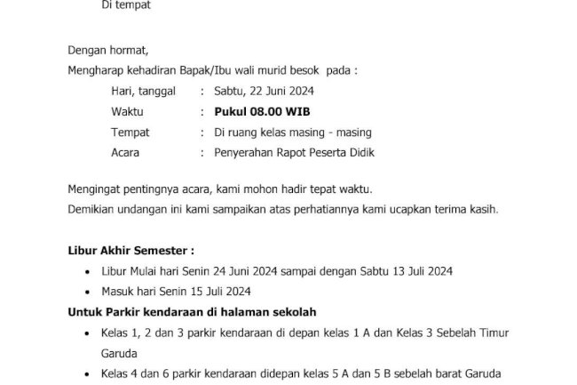 Informasi Pembagian Rapor Kelas 1 - 5