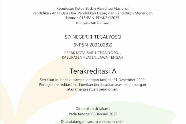 SERTIFIKAT AKREDITASI SD NEGERI 1 TEGALYOSO