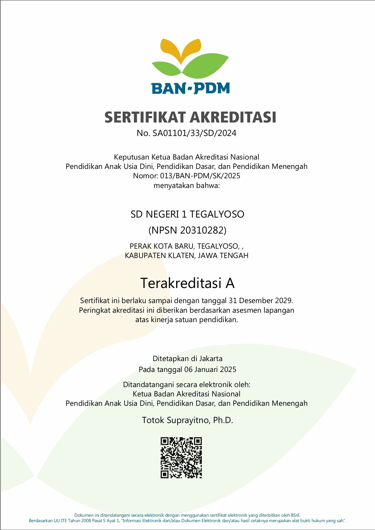 SERTIFIKAT AKREDITASI SD NEGERI 1 TEGALYOSO