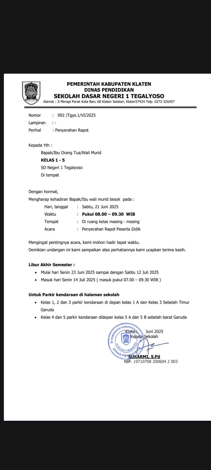 Edaran Pembagian Rapor Peserta Didik